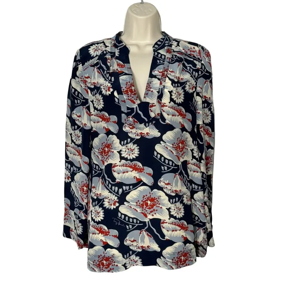 Tory Burch Navy Blue Floral‎ Print Silk Blouse Size 6